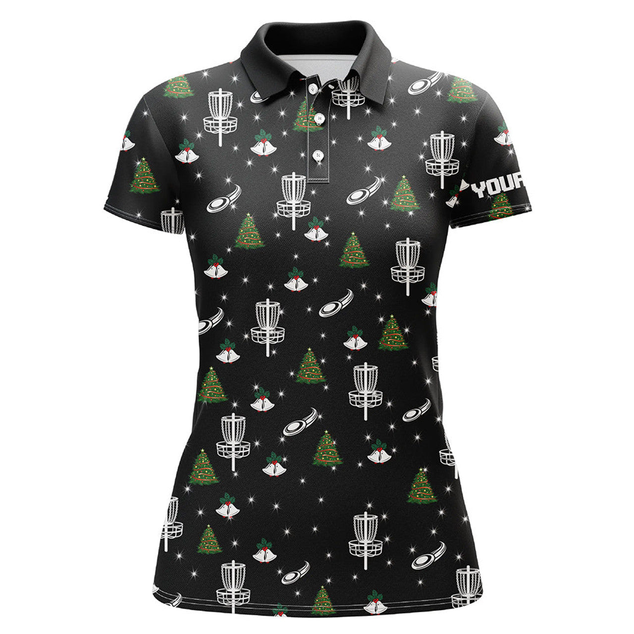 Custom Womens Golf Polo Shirt Custom Black Christmas Pattern Disc Golf Shirt For Women, Frisbee Golf Jerseys