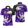 Custom Eagle Bowling Ball And Pins Purple Camo Custom Men Bowling Polo Shirts, Team Mens Bowling Jersey