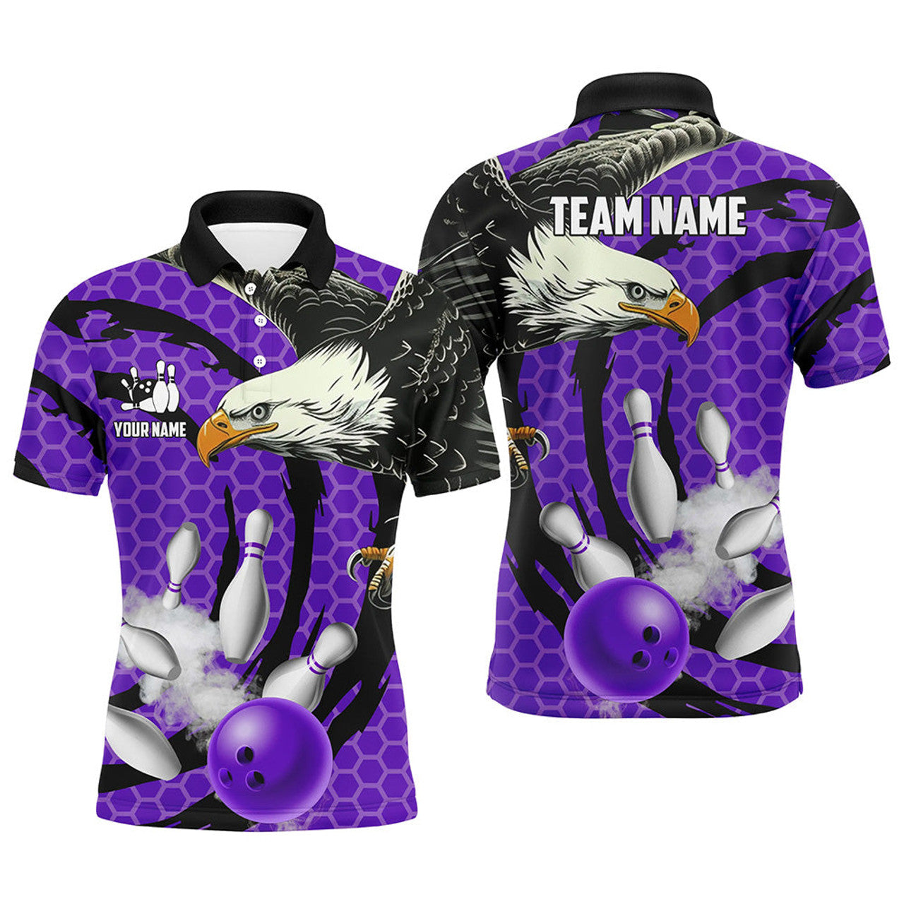 Custom Eagle Bowling Ball And Pins Purple Camo Custom Men Bowling Polo Shirts, Team Mens Bowling Jersey