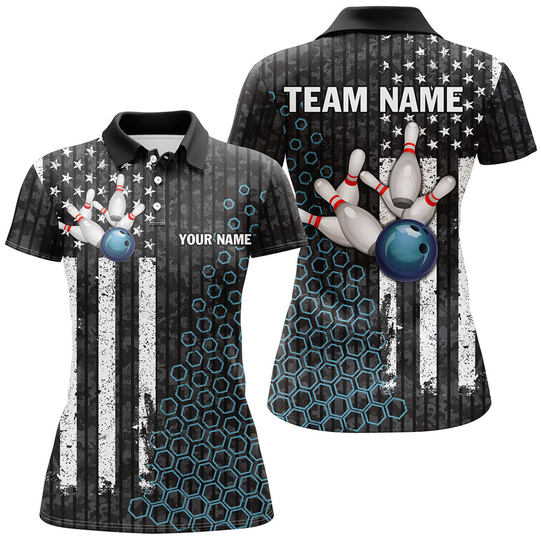 Custom Black White American Flag Women Bowling Polo Custom Camo Bowling Team Jersey
