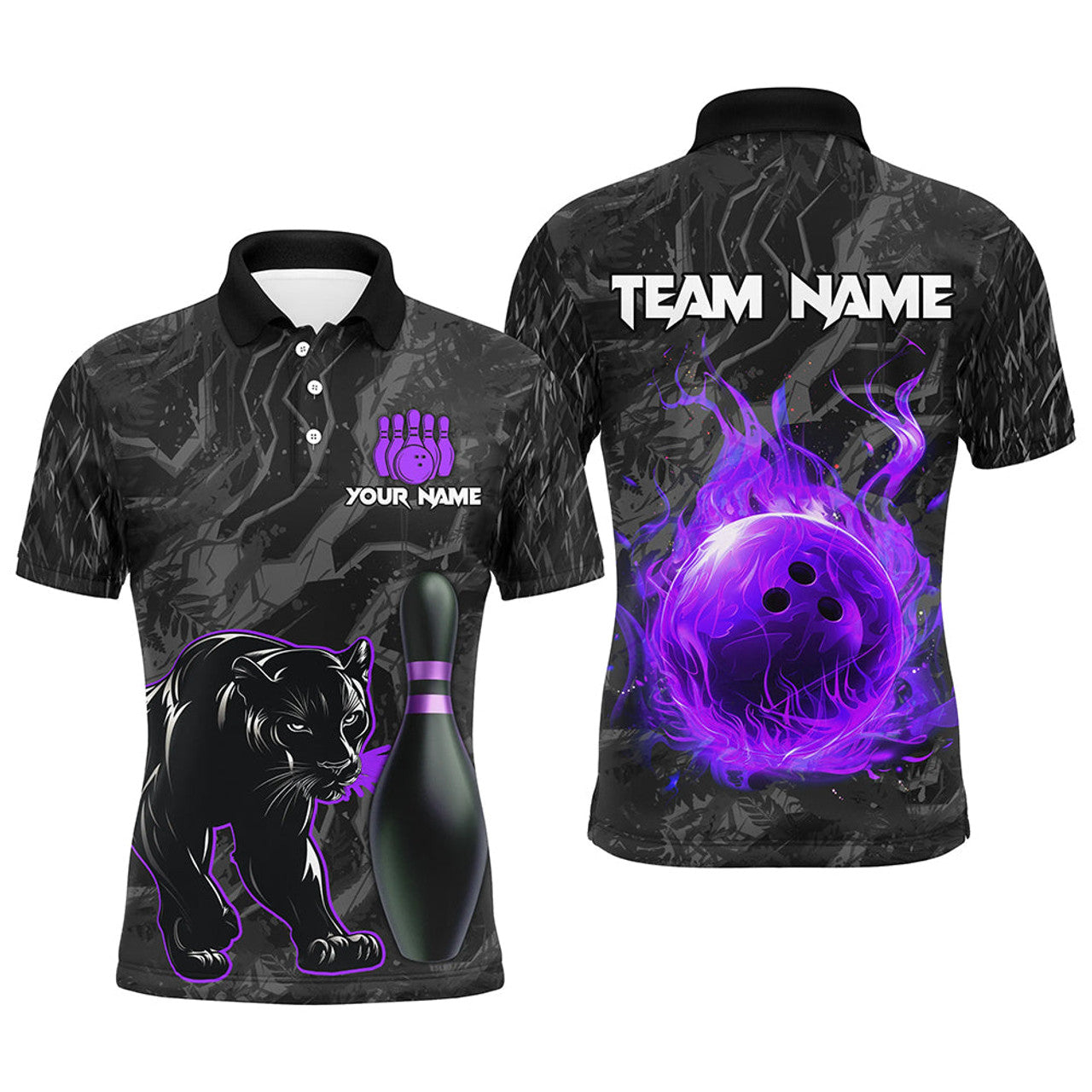 FUNSTUFFPRINT Black Camo Panther Purple Flame Bowling Polo Shirt Size S-5XL