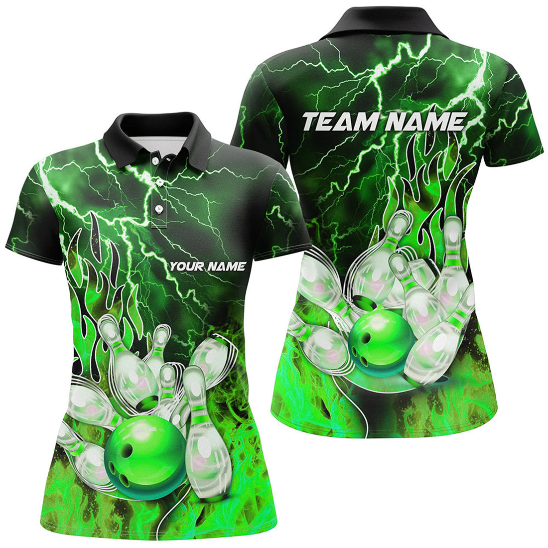 Custom Women Bowling Polo Shirts Custom green lightning thunder Bowling Team Jersey, gift for team Bowlers
