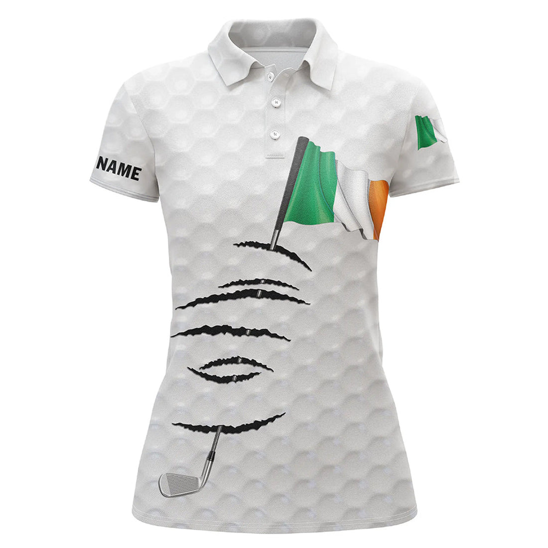 Custom Personalized White Golf Polos Shirt For Women Ireland Flag Patriotic Custom Name Gifts For Golf Lovers