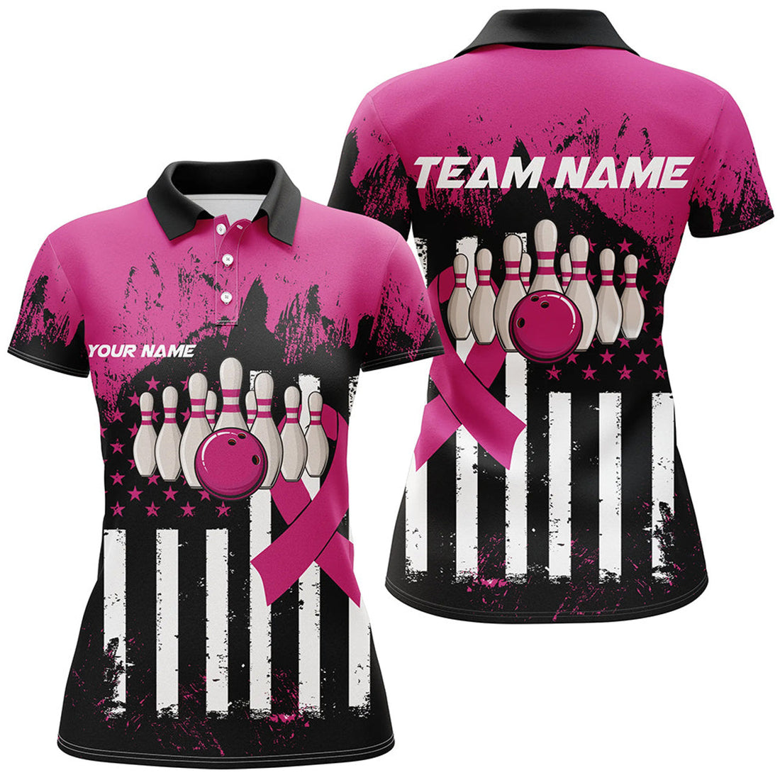 Custom Pink And Black American Flag Women Polo, Custom Breast Cancer Awareness Bowling Jerseys