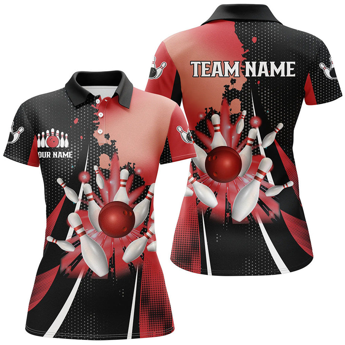 Custom Black And Red Retro Women Bowling Polo Shirts Custom Bowling Ball And Pins Team Bowling Jerseys