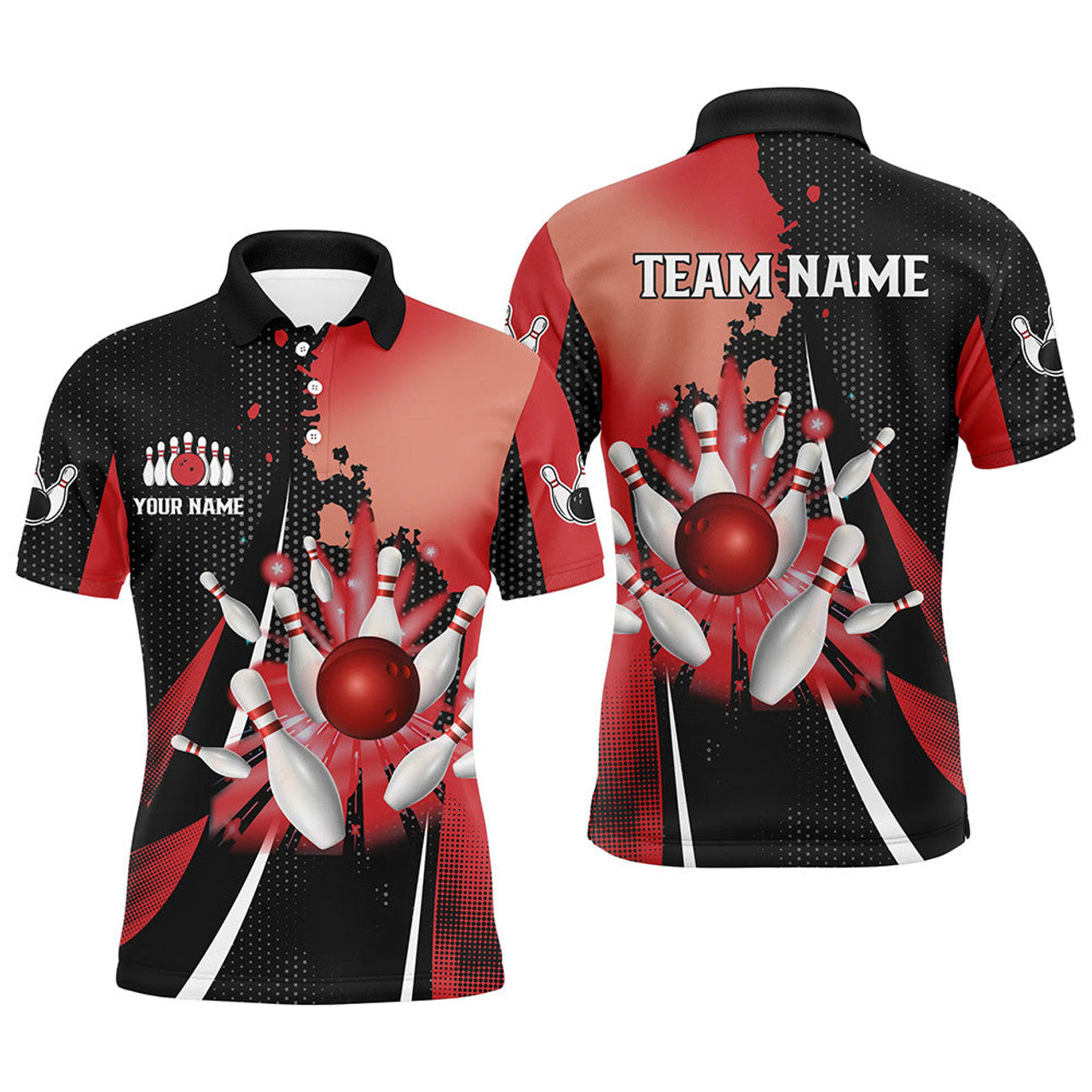 FUNSTUFFPRINT Black and red retro Mens Bowling polo shirts Custom bowling ball and pins Team bowling Polo Shirt Size S-5XL