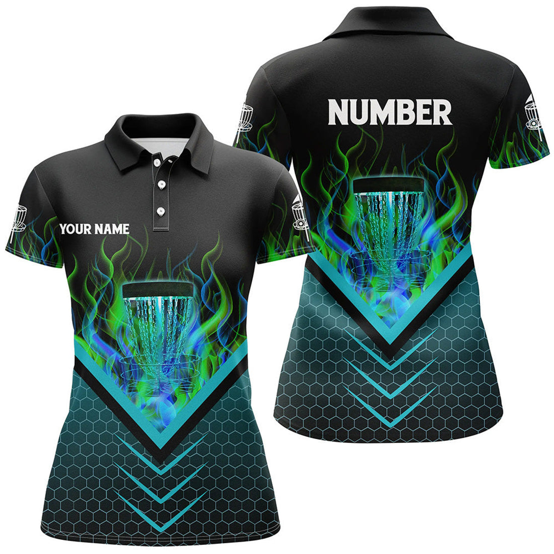 Custom Black And Green Fire Womens Disc Golf Polo Shirts Custom Flame Disc Golf Basket Jerseys