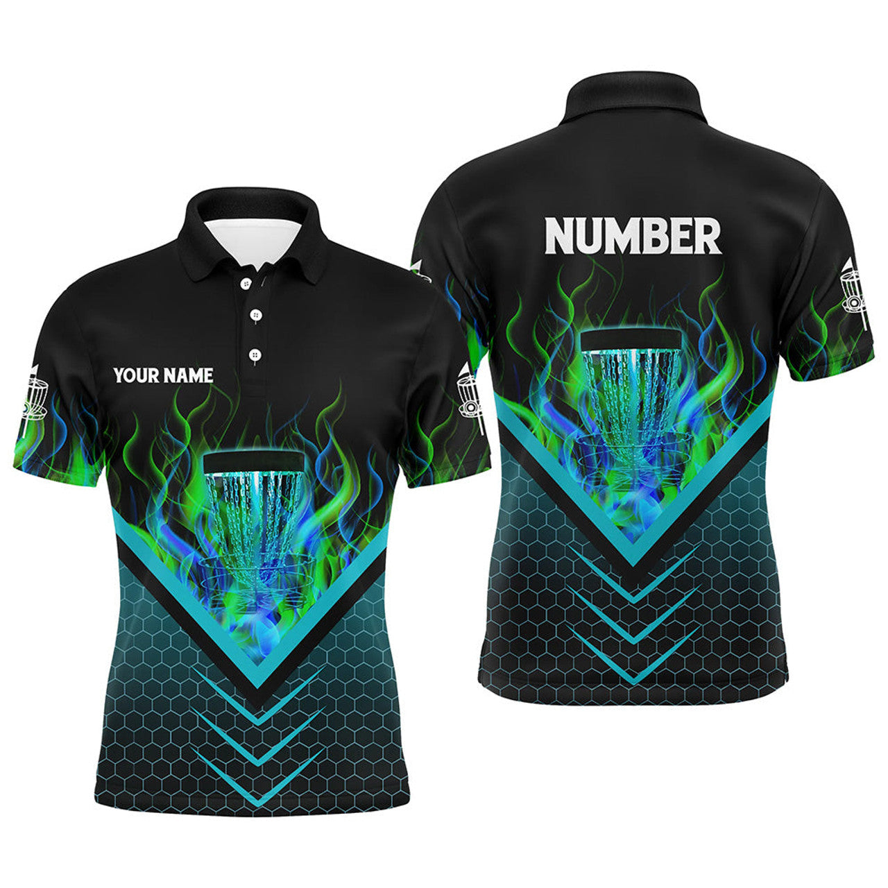 Custom Black and green fire Mens Disc golf polo shirts custom flame disc golf basket jerseys, disc golf shirt