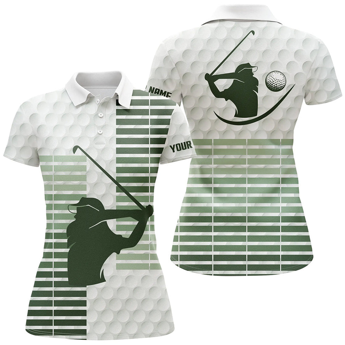 Custom Womens Golf Polo Shirt Custom Green Stripe And White Golf Ball Skin Pattern Ladies Golf Tops