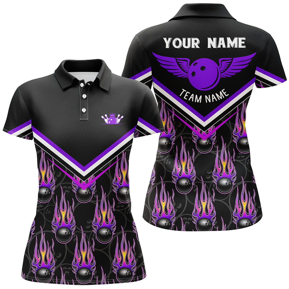 Custom Personalized 3D team bowling polo shirts for women, Custom black flame bowling ball jerseys | Purple