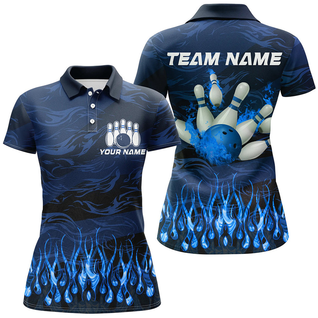 Custom Bowling Polo For Women Custom Blue Camo Flame Bowling Team League Jerseys