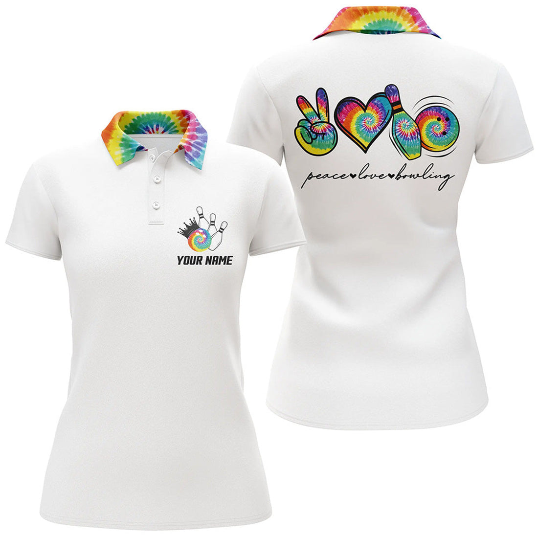 Custom Colorful Tie Dye Peace Love Bowling Custom White Bowling Polo Shirt For Women, Team Bowling Shirts