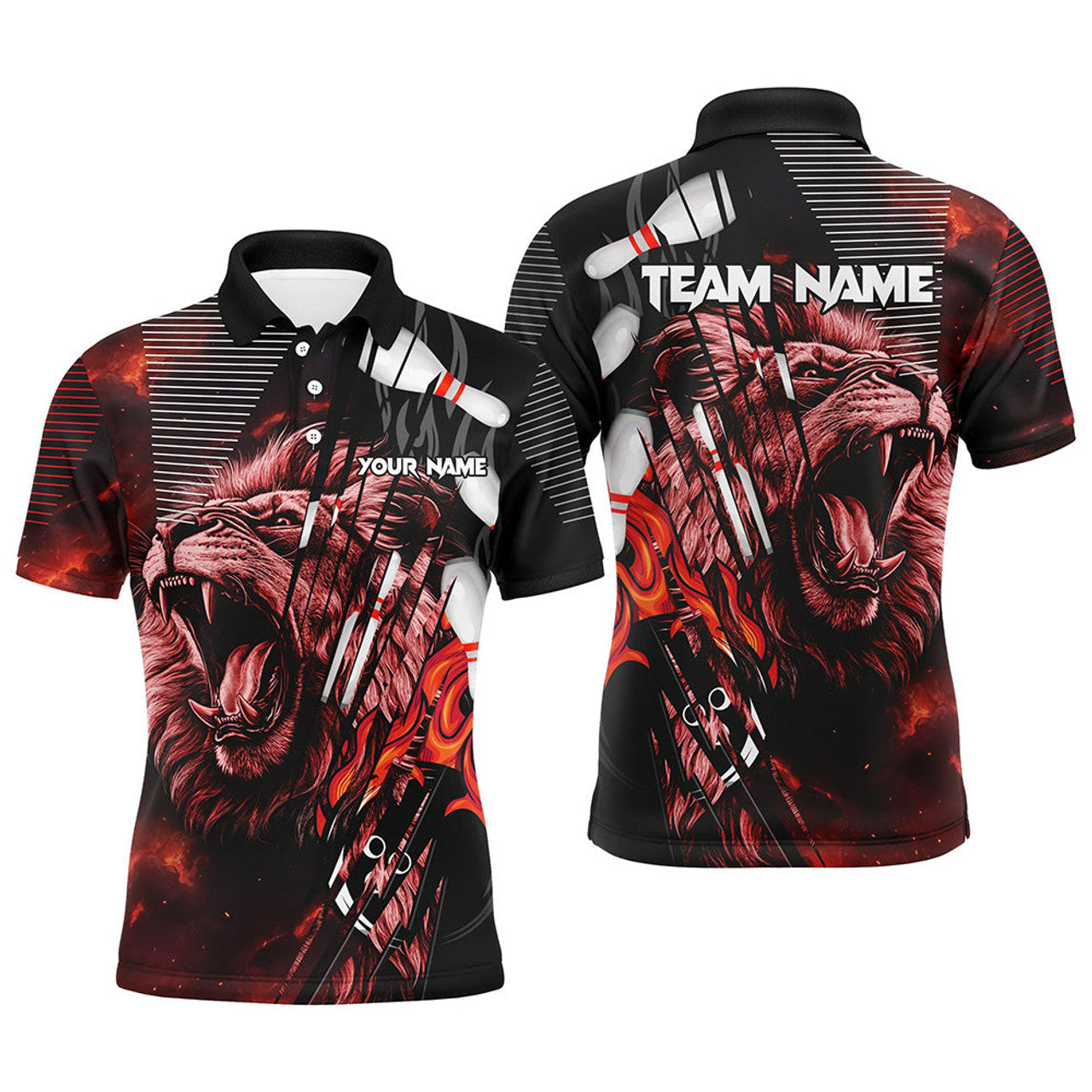 FUNSTUFFPRINT Black and Red Lion Custom Men Bowling Polo Shirt Size S-5XL