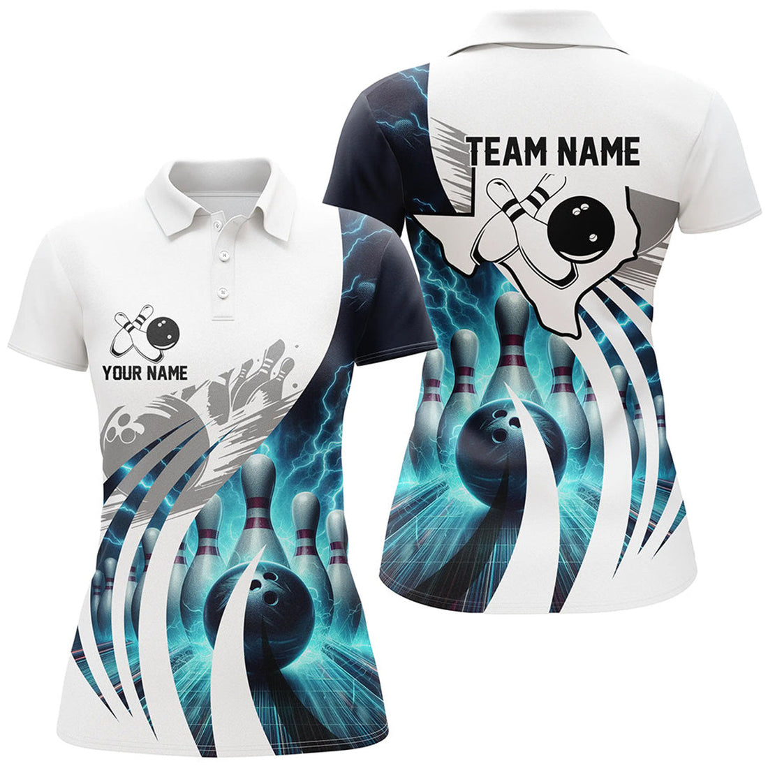 Custom Blue Lightning Thunder Women Bowling Polo Shirts Custom Texas Team League Jerseys, Gifts For Bowlers