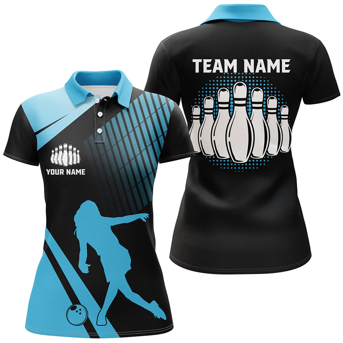 Custom Black and Blue retro Bowling Polo Shirt for Women Custom Bowling ball and pins Team League Jerseys