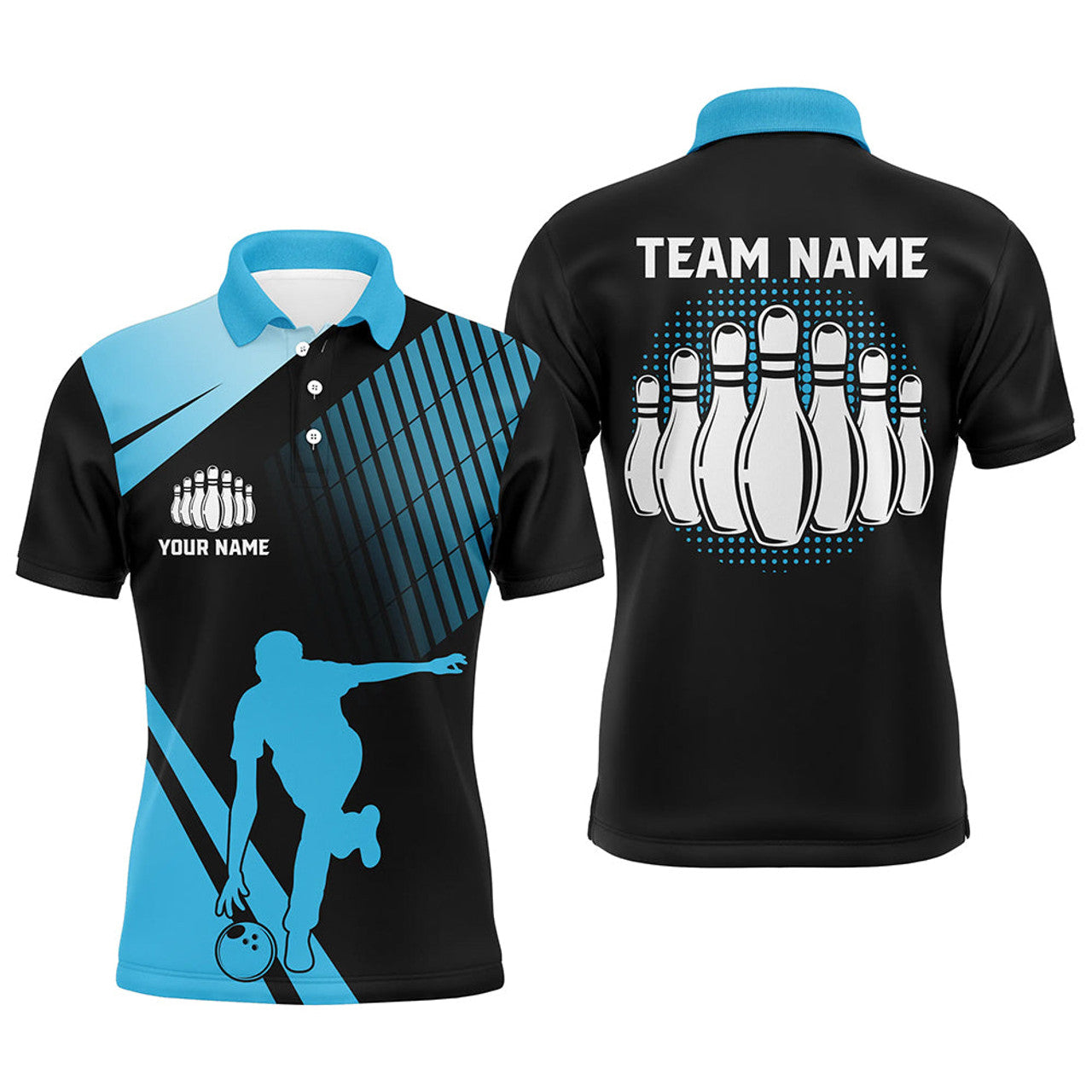 Custom Black and Blue retro Bowling Polo Shirt for Men Custom Bowling ball and pins Team League Jersey