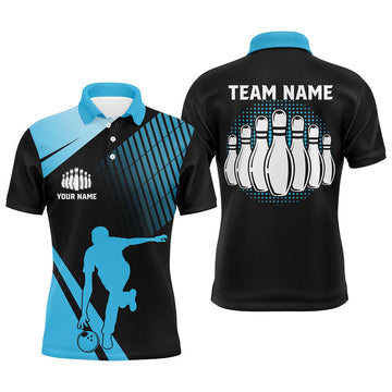Custom Black and Blue retro Bowling Polo Shirt for Men Custom Bowling ball and pins Team League Jersey