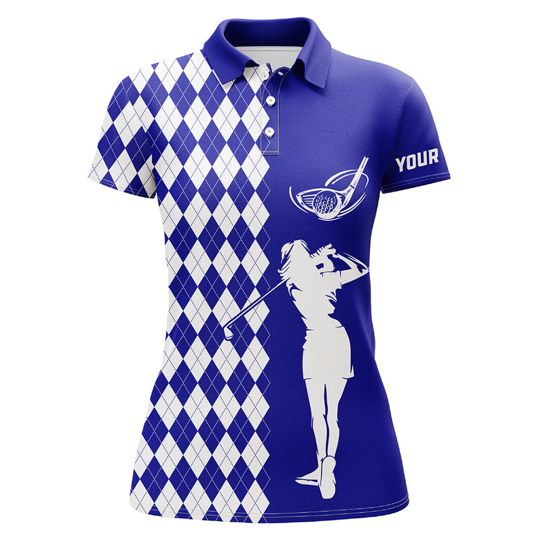 Custom Personalized White Argyle Plaid Pattern Womens Golf Polo Shirts, Custom Blue Golf Apparel For Ladies