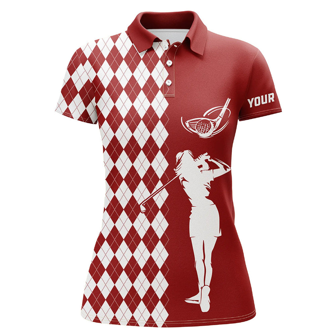 Custom Personalized White Argyle Plaid Pattern Womens Golf Polo Shirts, Custom Red Golf Apparel For Ladies
