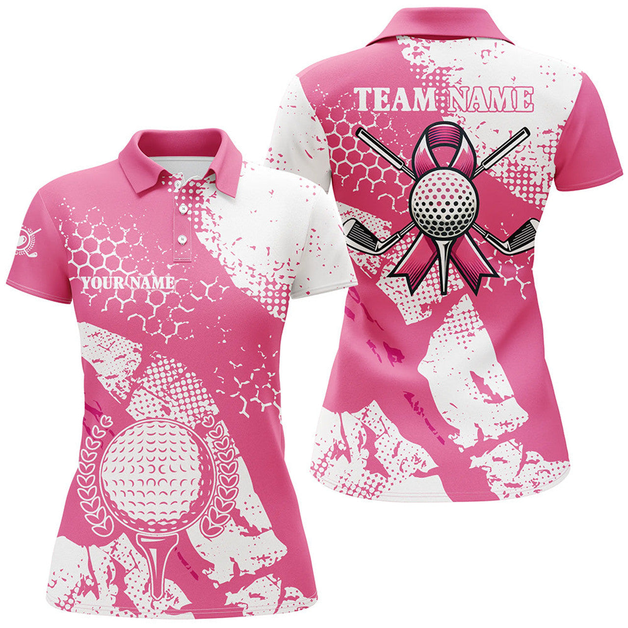Custom White & Pink ribbon retro Womens golf polo shirt custom breast cancer awareness golf shirts
