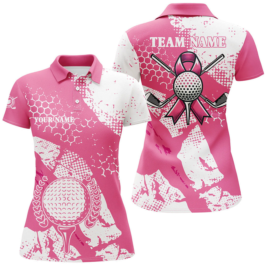 Custom White & Pink ribbon retro Womens golf polo shirt custom breast cancer awareness golf shirts