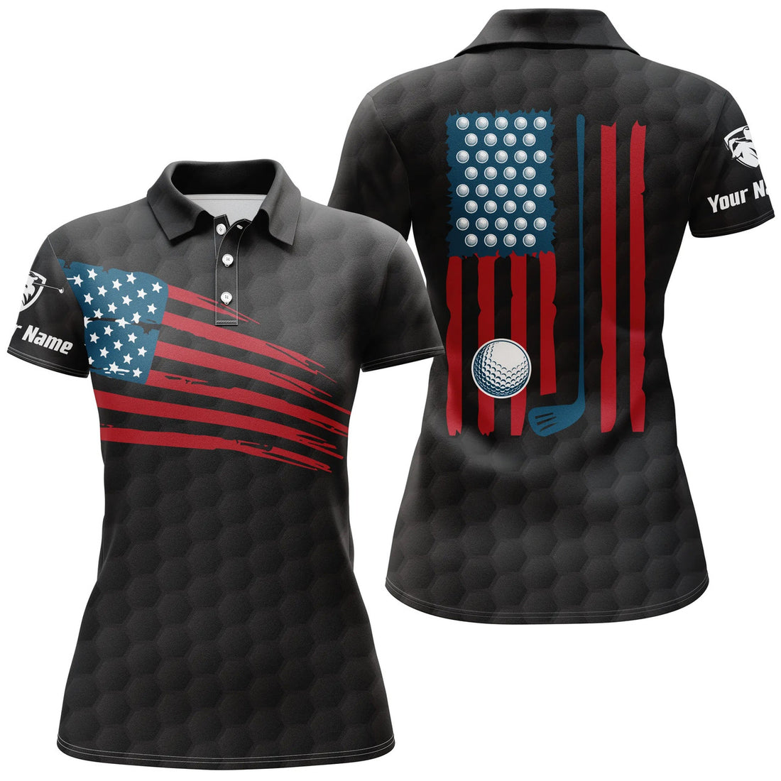 Custom Womens Golf Polo Shirt American Flag Patriotic Golf Shirts Custom Name Golf Gifts For Women | Black