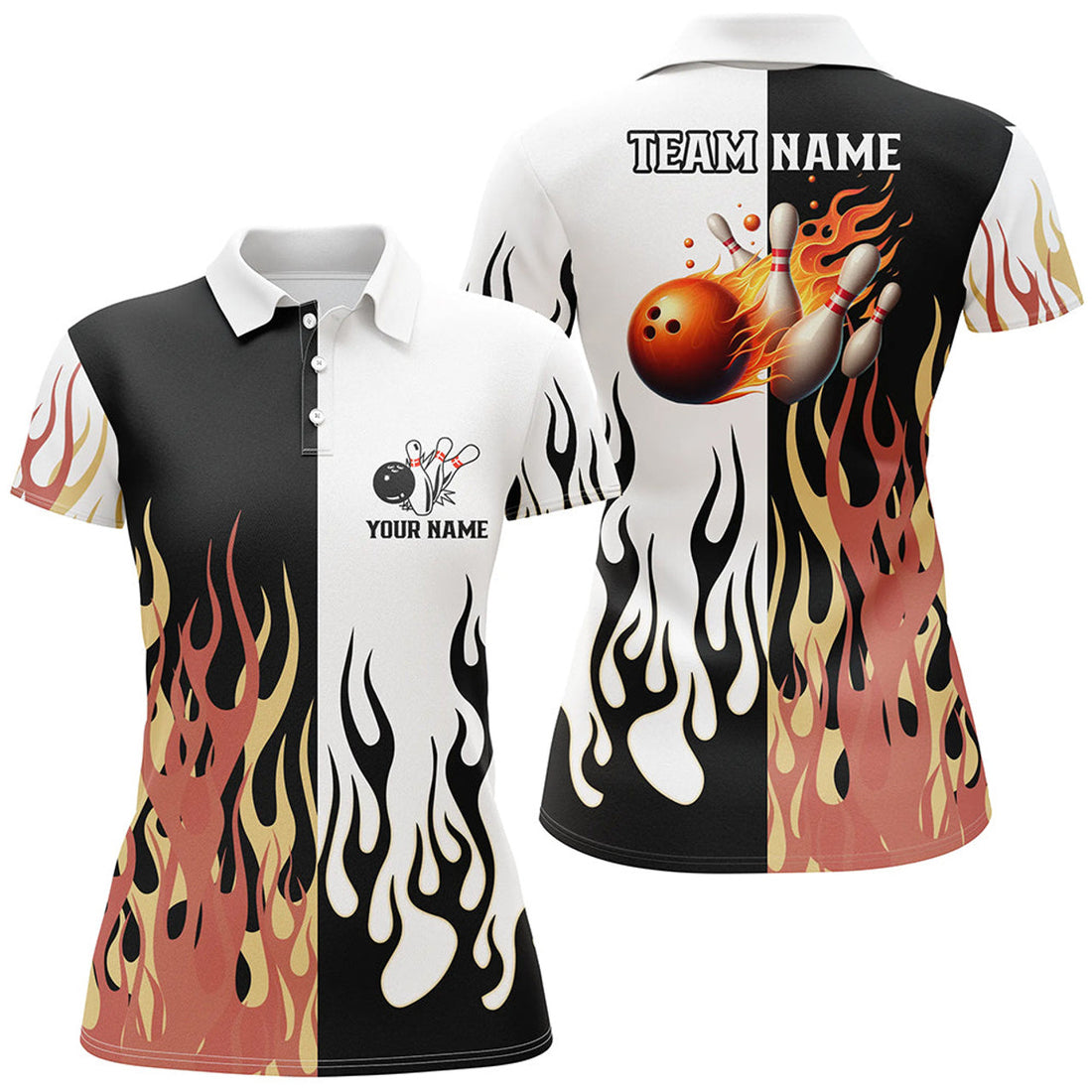 Custom Black And White Women Bowling Polo Shirts Custom Flame Bowling Team Jerseys, Womens Bowling Shirts