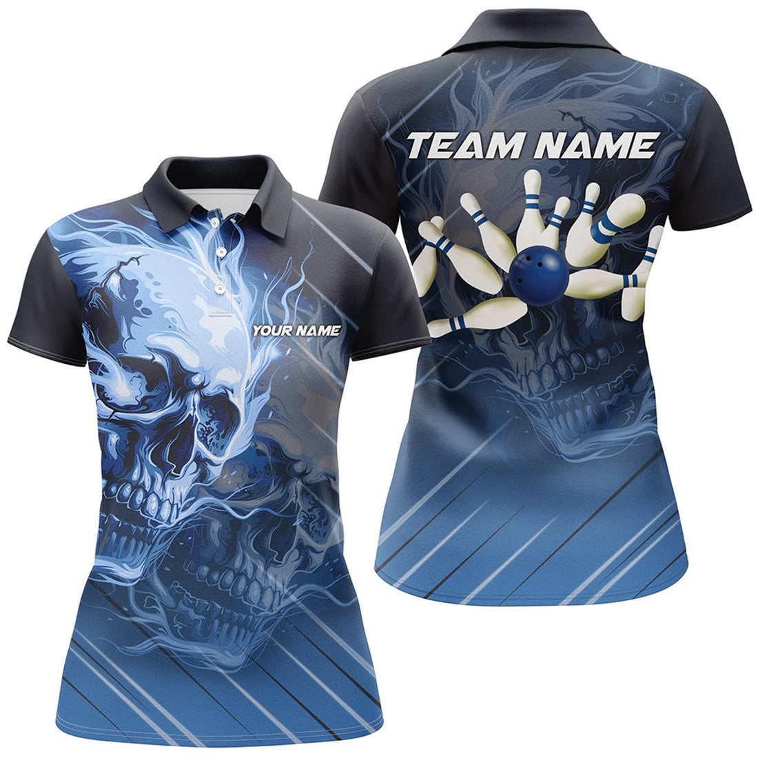 Custom Personalized Skull Bowling Polo For Women Custom Team Flame Bowler Jerseys | Blue