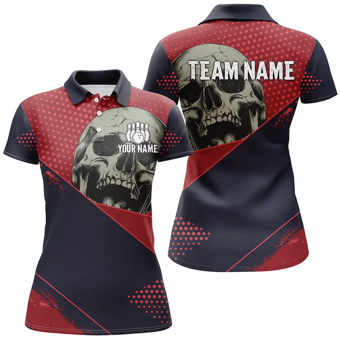Custom Personalized Red and navy Skull Bowling Shirts For Women, Bowling team League Jerseys