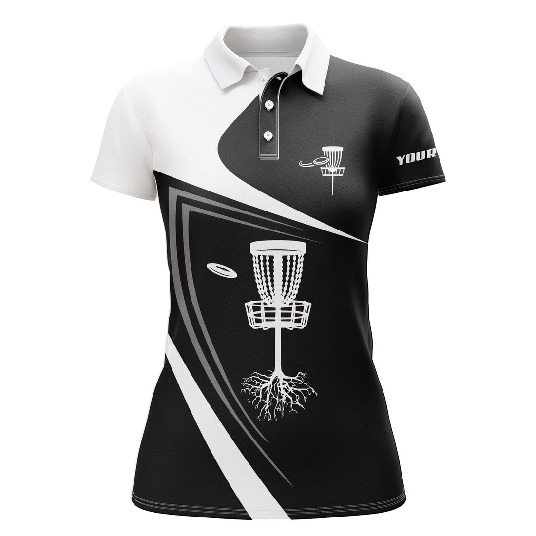 Custom Womens Disc Golf Polo Shirt Custom Name Black White Disc Golf Basket, Personalized Disc Golf Shirts
