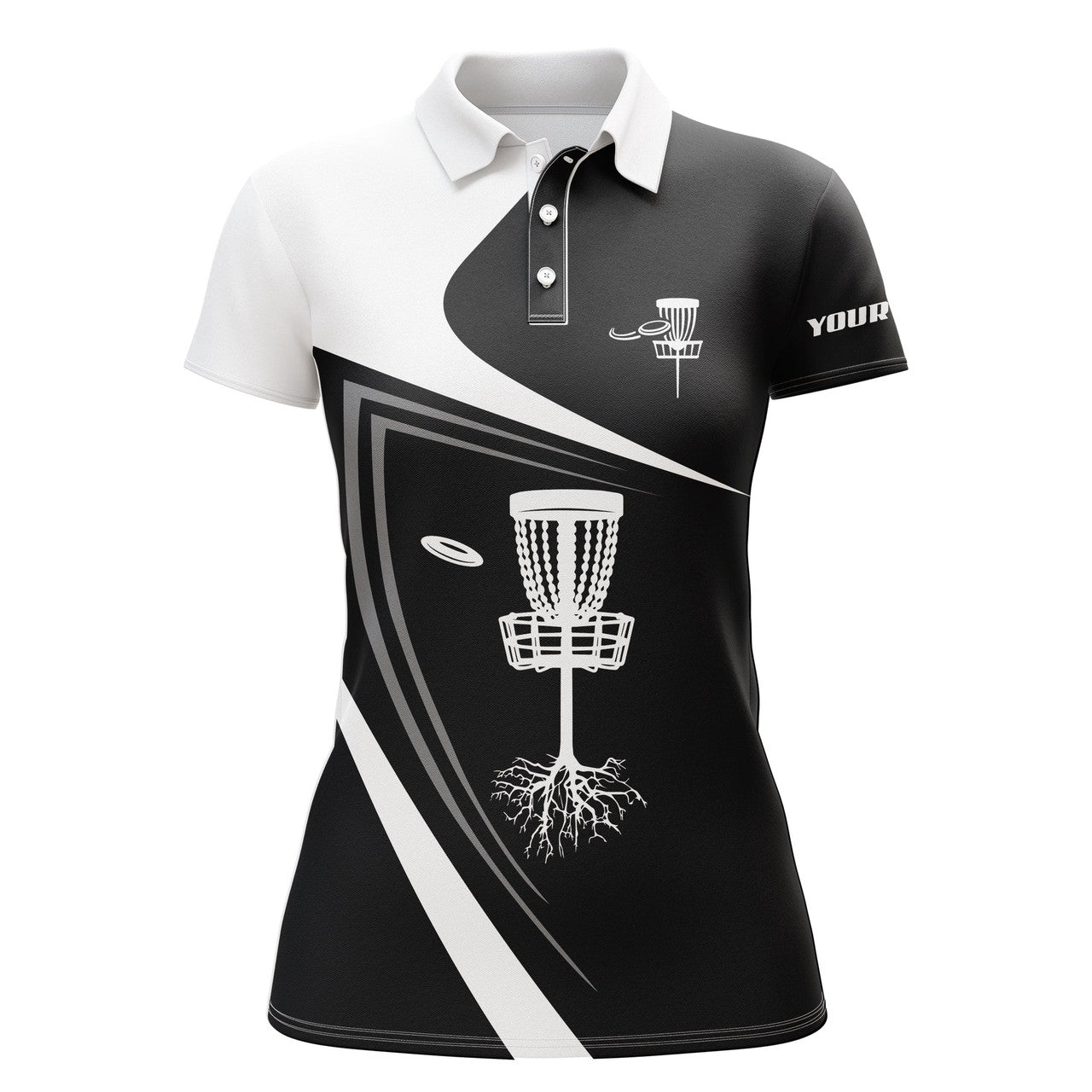 Custom Womens Disc Golf Polo Shirt Custom Name Black White Disc Golf Basket, Personalized Disc Golf Shirts