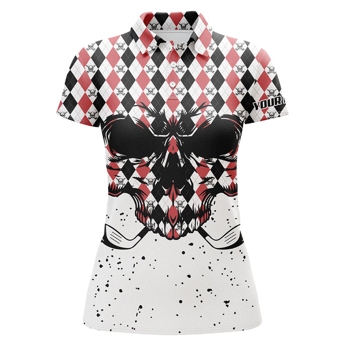 Custom Black Red Agryle Pattern Womens Golf Polo Shirts Custom Golf Skull Clubs Golf Attire For Women