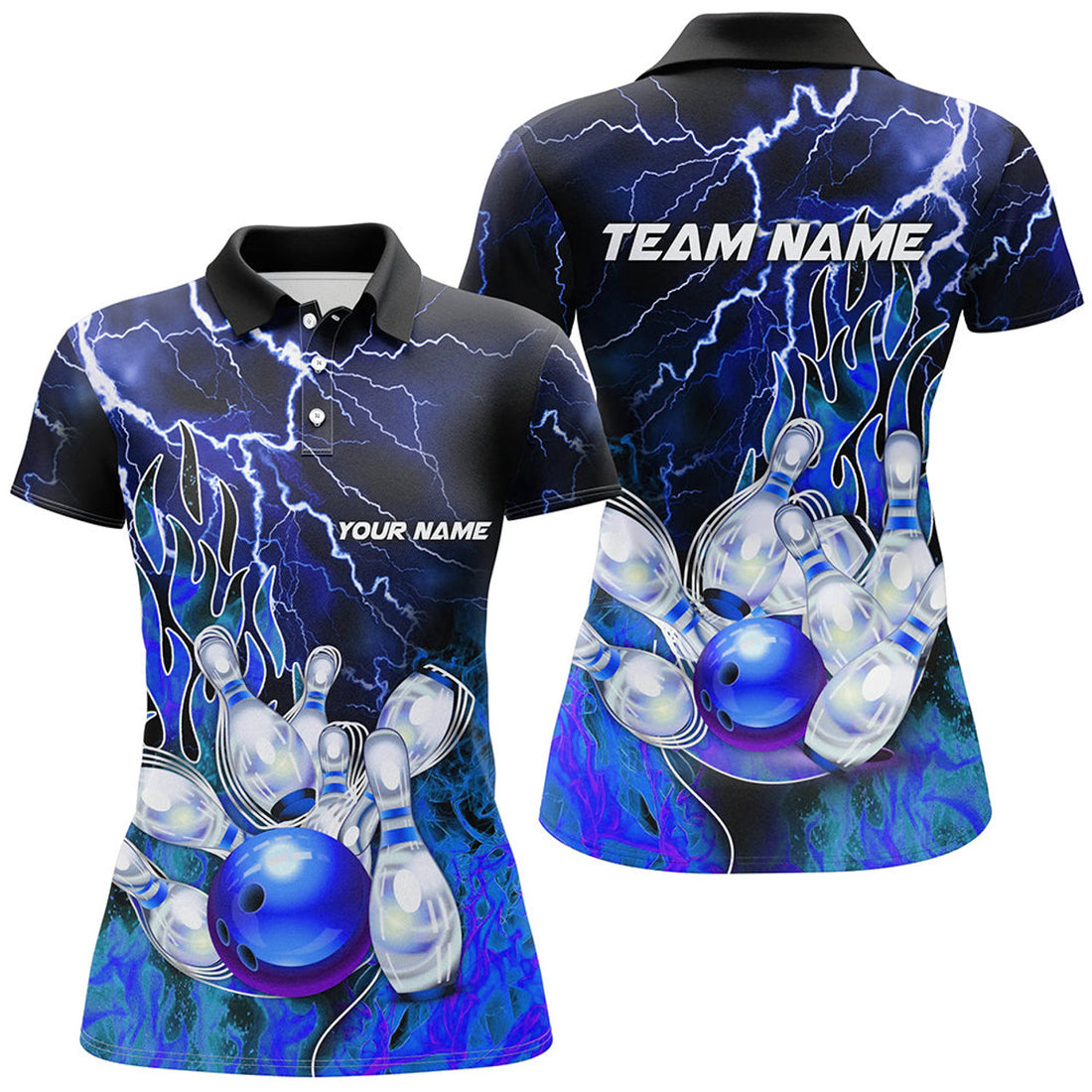 Custom Women Bowling Polo Shirts Custom Blue Lightning Thunder Bowling Team Jersey, Gift For Team Bowlers