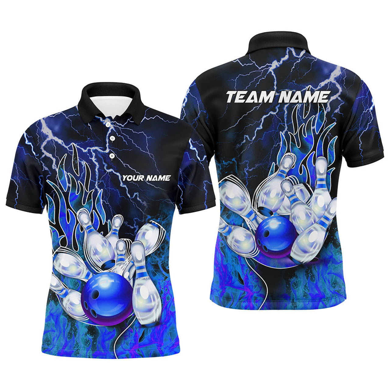 FUNSTUFFPRINT Men Bowling Polo Shirt Custom blue lightning thunder Bowling Polo Shirt Size S-5XL