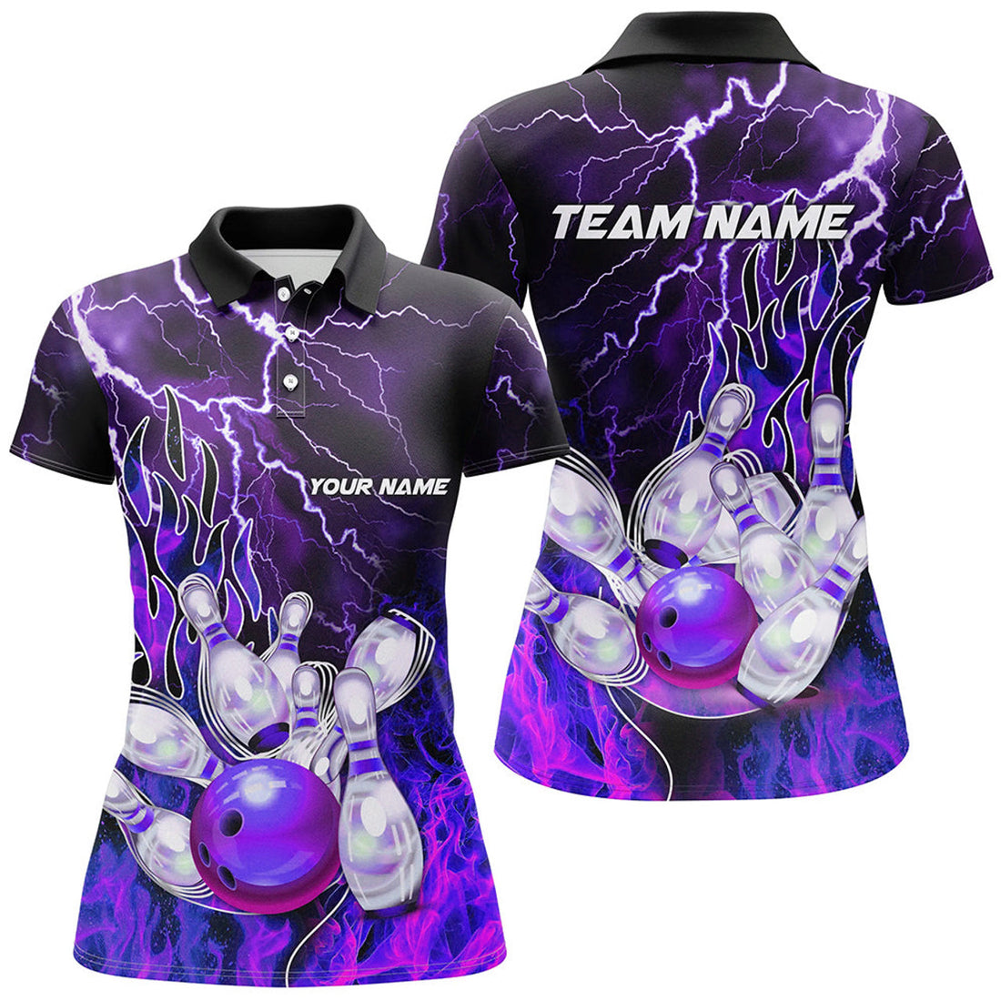 Custom Women Bowling Polo Shirts Custom Purple Lightning Thunder Bowling Team Jersey, Gift For Team Bowlers