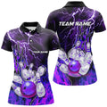 Custom Women Bowling Polo Shirts Custom Purple Lightning Thunder Bowling Team Jersey, Gift For Team Bowlers