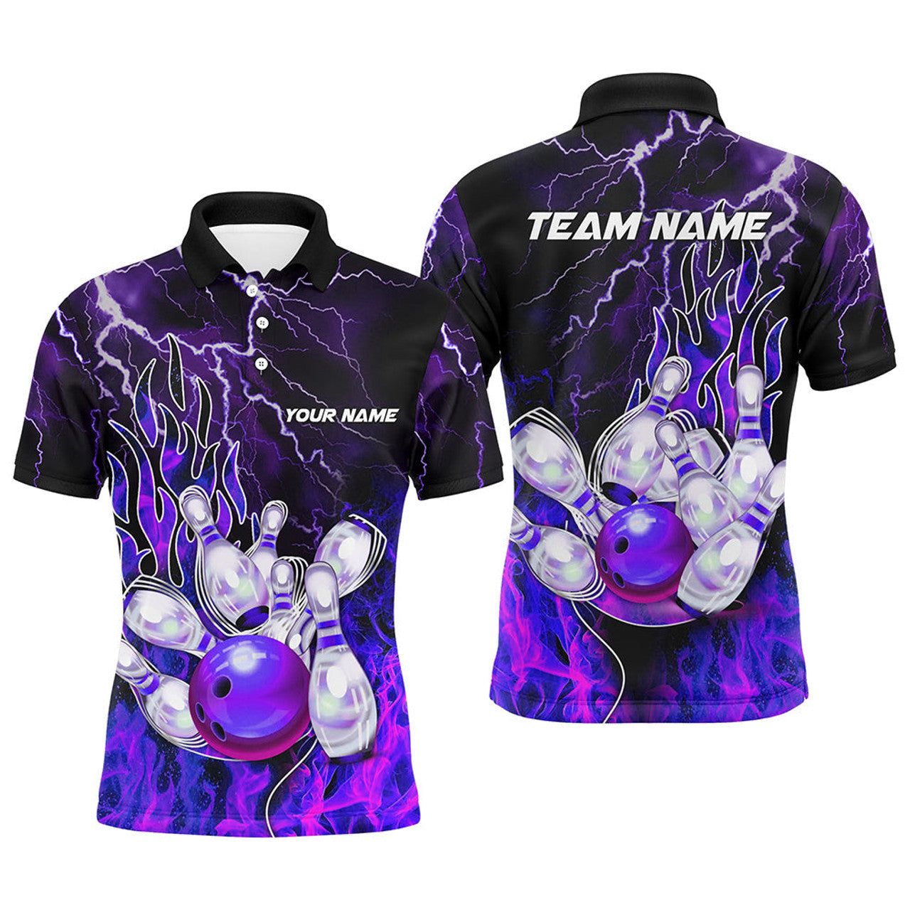 FUNSTUFFPRINT Men Bowling Polo Shirt Custom purple lightning thunder Bowling Polo Shirt Size S-5XL