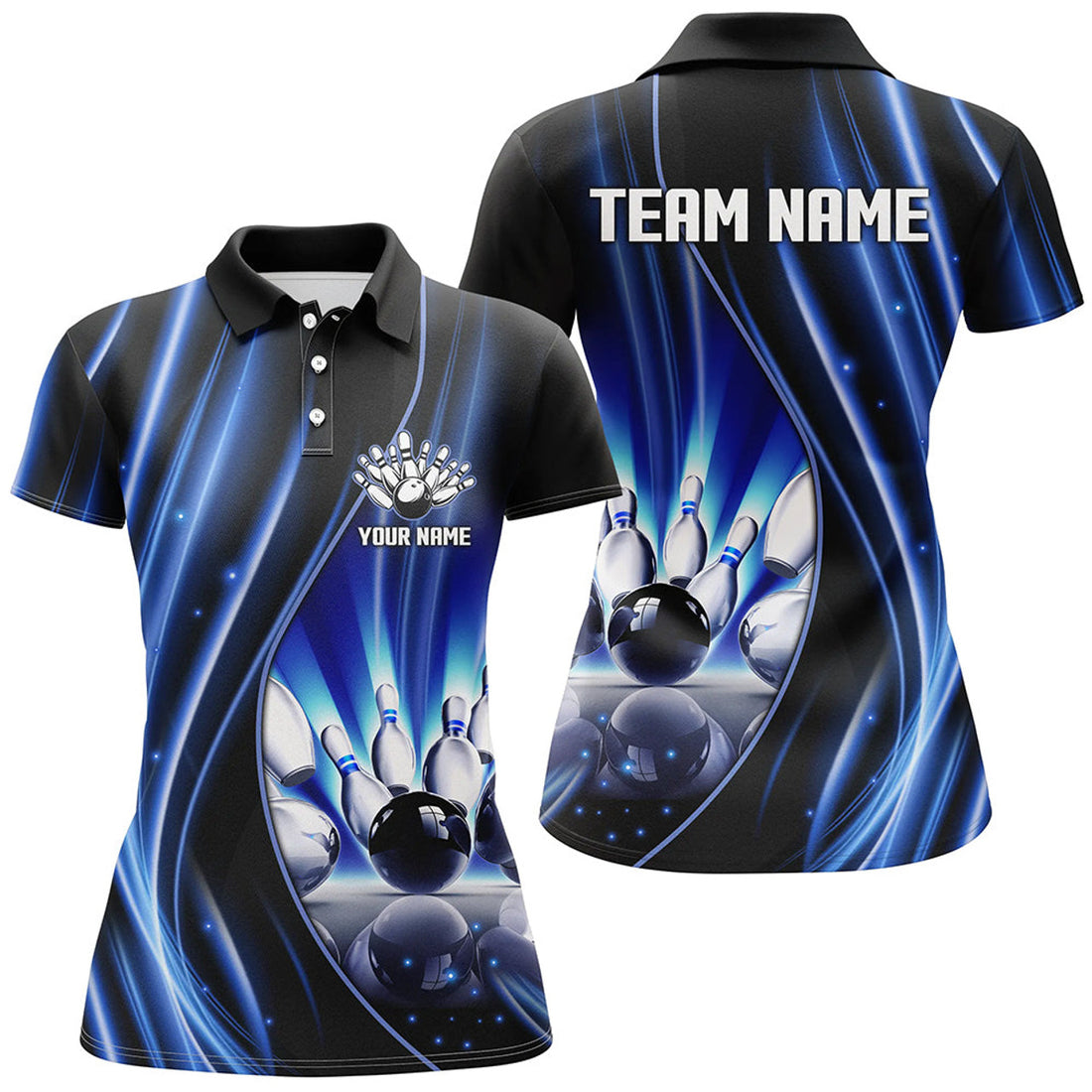 Custom Blue And Black Light Women Bowling Polo Shirt Custom Bowling League Jerseys, Personalized Bowling Gift