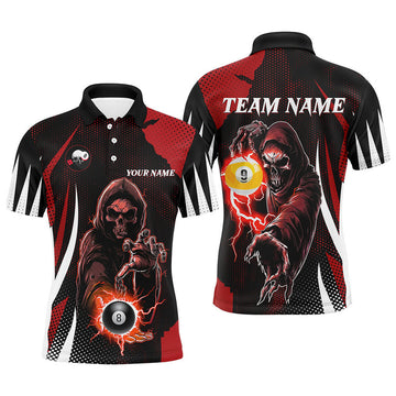 FUNSTUFFPRINT Funny Red Death Skeleton With Billiard 8 Ball & 9 Ball Men Polo Shirts Custom Polo Shirt Size S-5XL