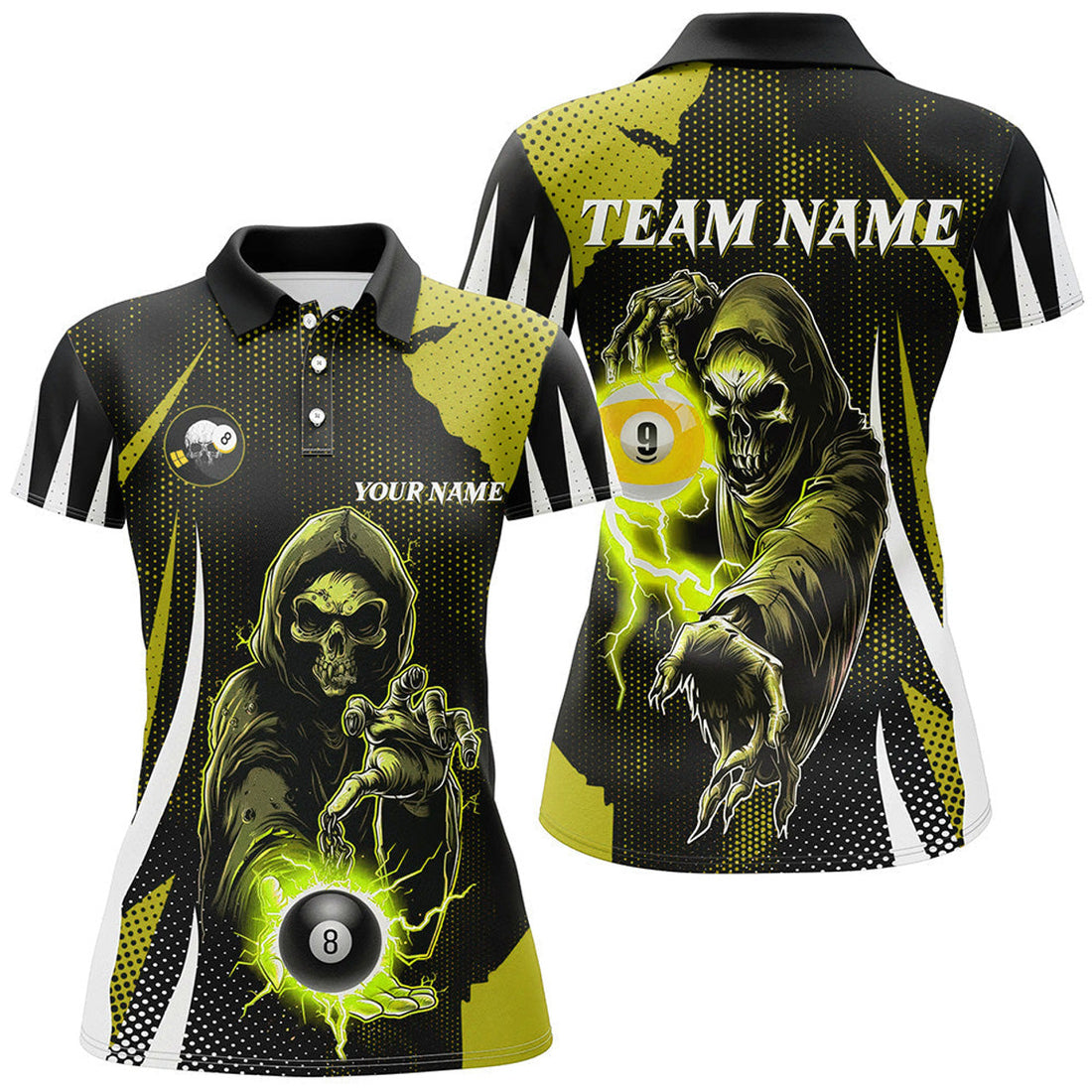 Custom Funny Yellow Death Skeleton With Billiard 8 Ball & 9 Ball Women Polo Shirts Custom Billiard Team Jersey