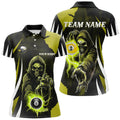 Custom Funny Yellow Death Skeleton With Billiard 8 Ball & 9 Ball Women Polo Shirts Custom Billiard Team Jersey