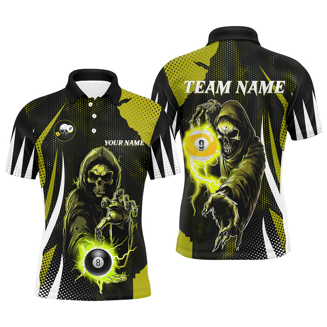 Custom Funny Yellow Death Skeleton With Billiard 8 Ball & 9 Ball Men Polo Shirts Custom Billiard Team Jersey