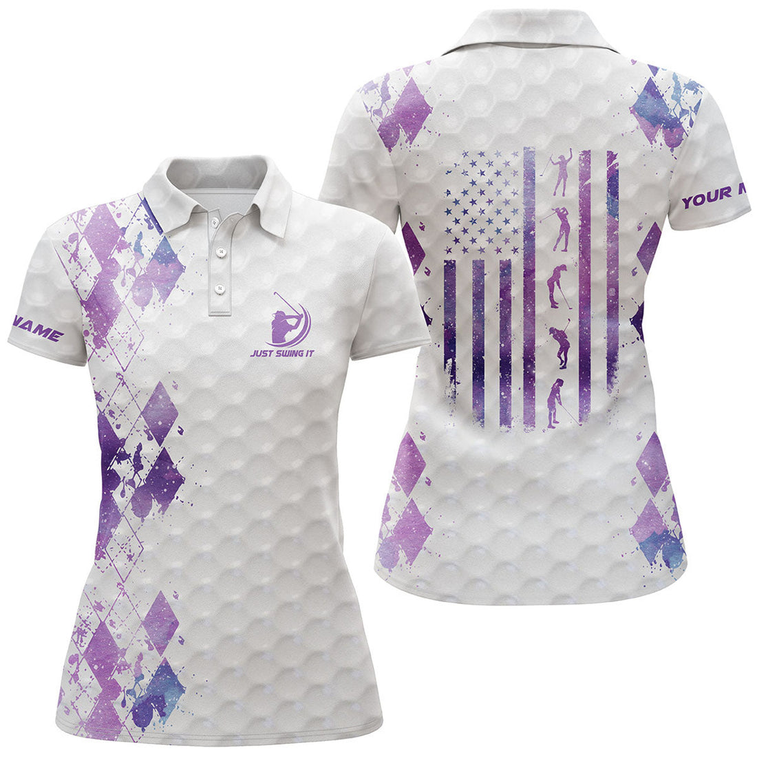 Custom Women Golf Polo Shirt Just Swing It American Flag Patriotic Custom Name Purple Galaxy Women Golf Shirt