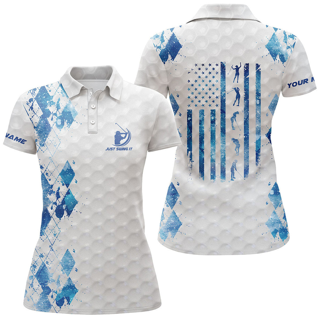 Custom Women Golf Polo Shirt Just Swing It American Flag Patriotic Custom Name Blue White Women Golf Shirt