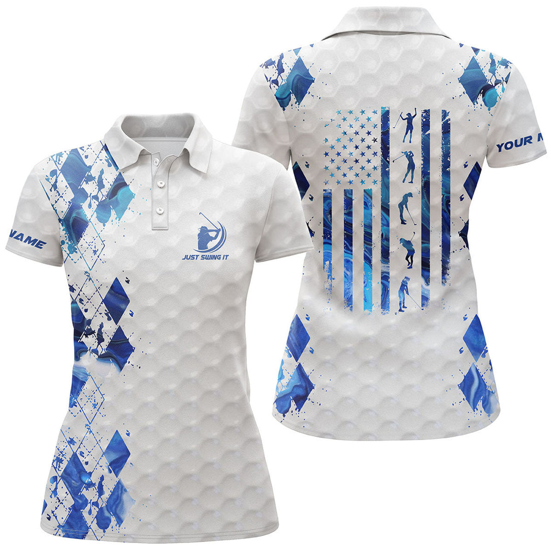 Custom Women Golf Polo Shirt Just Swing It American Flag Patriotic Custom Name Blue White Women Golf Shirt