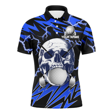 FUNSTUFFPRINT Blue lightning thunder golf skull Mens golf polo shirts custom mens golf attire, cool golf gifts Polo Shirt Size S-5XL