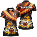 Custom Personalized Black And Orange Smoke Flame Bowling Polo For Women, Cool Bowling Jerseys