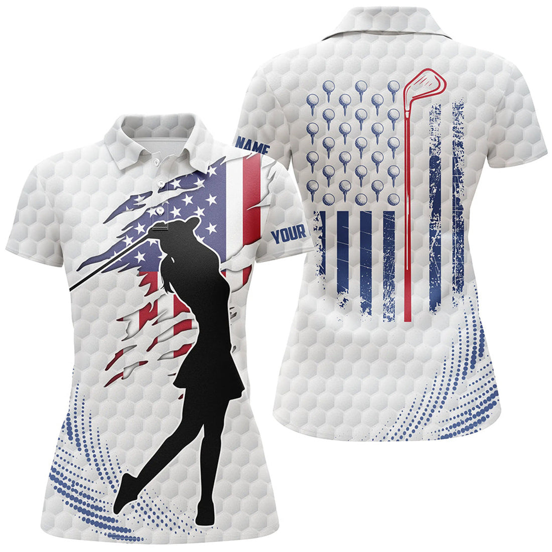 Custom White Golf Ball Womens Golf Polos Shirts Custom American Flag Patriot Golf Tops For Ladies