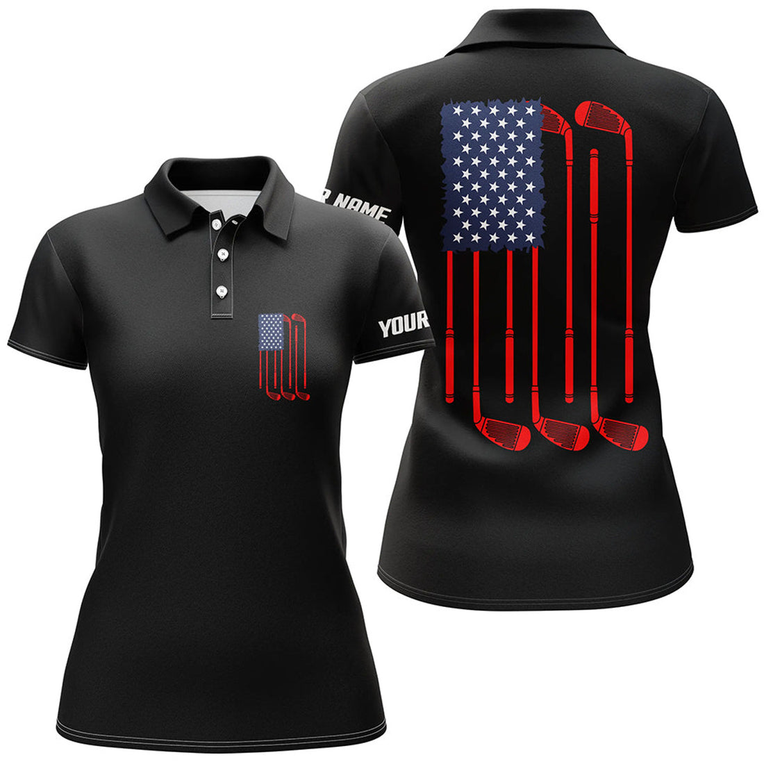Custom Women Golf Polo Shirt American Flag Golf Clubs Custom Patriotic Black Womens Golf Shirt, Golfing Gifts