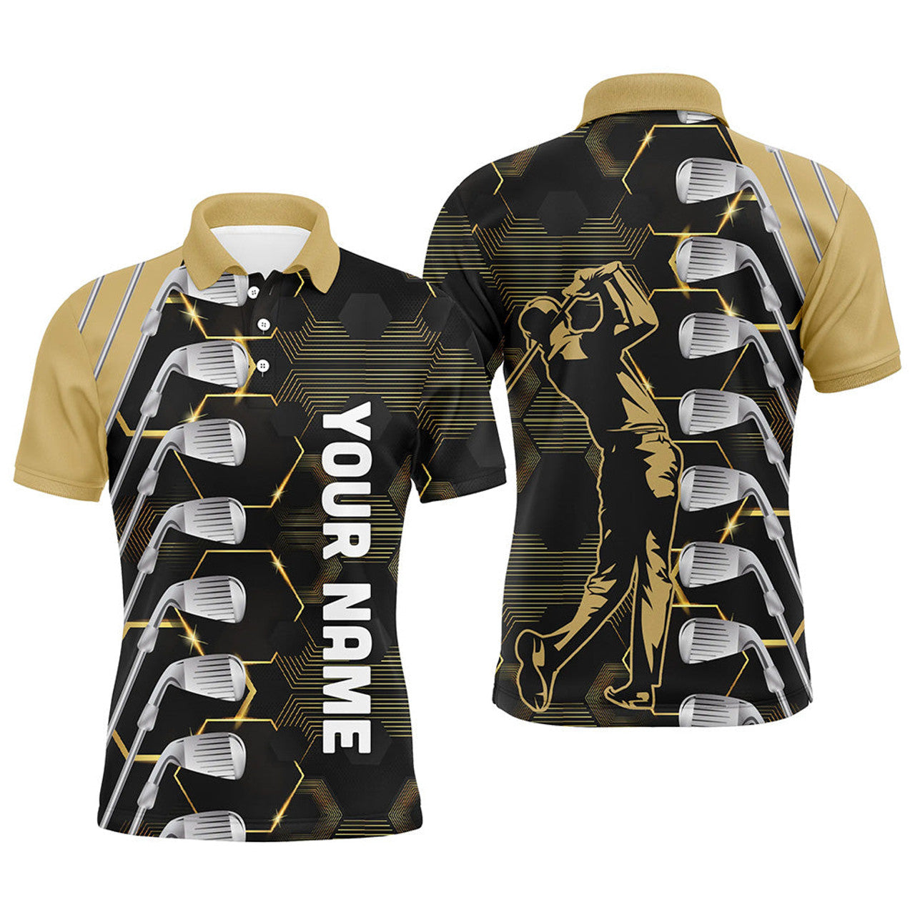 Custom Yellow and Black golf clubs Mens golf polo shirts custom name golf outfit men, personalized golf gifts
